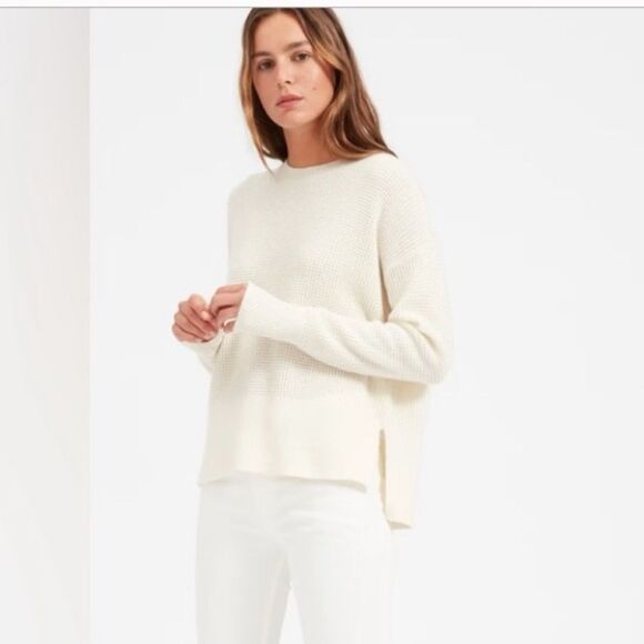 Everlane 100% Cashmere Waffle Knit Square Crew Ivory Soft Thermal Sweater XXS - Picture 1 of 9